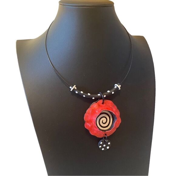 Stylish, Lightweight, Red, Black & White Circular Pendant Necklace on Black Wire - Picture 2 of 6